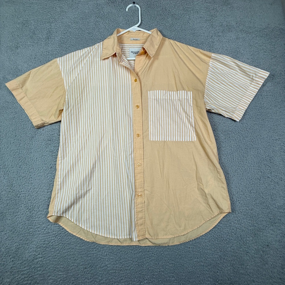 Abercrombie Fitch Men Oversized Short Sleeve Button Up Shirt Peach Stripe Size M